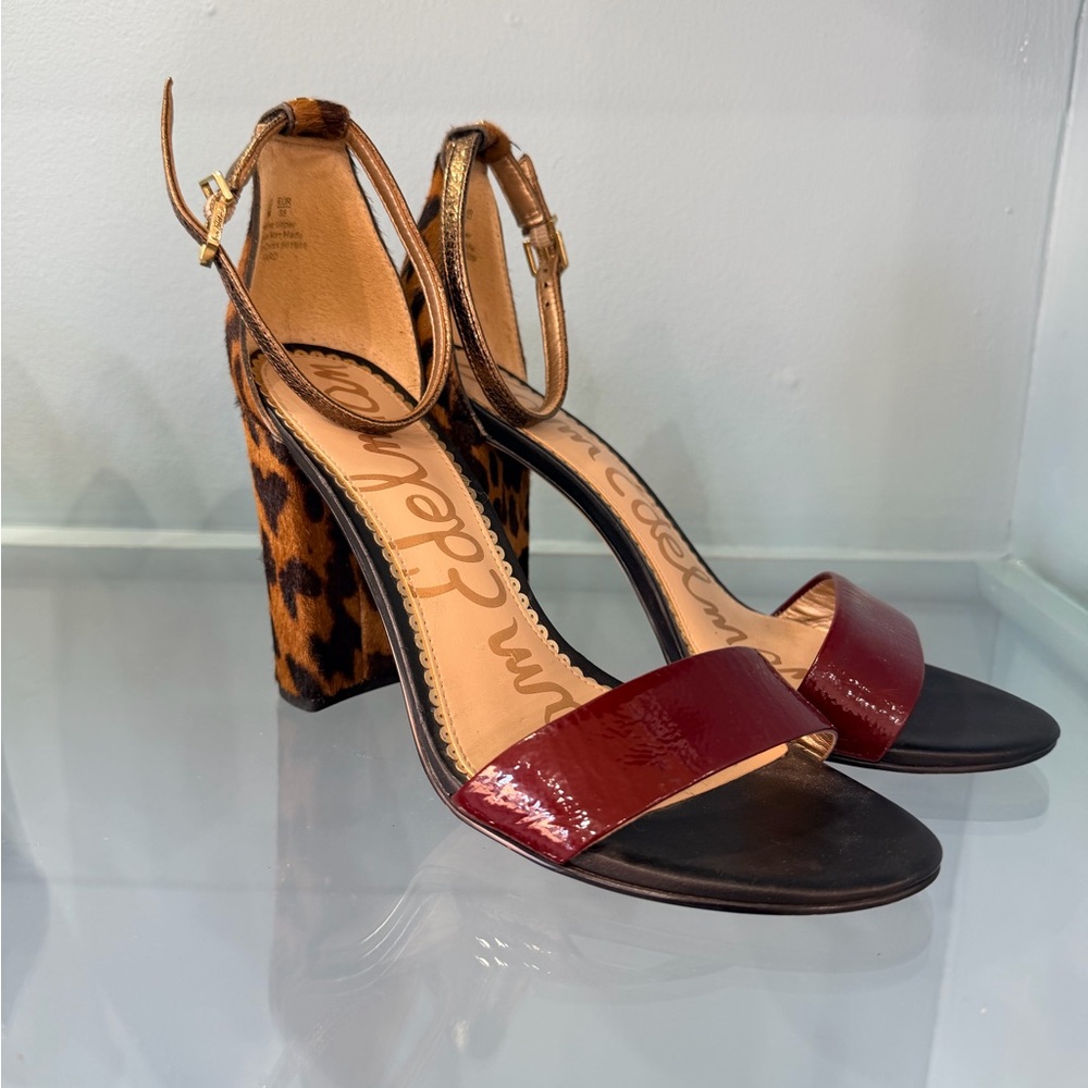 Sam Edelman Leopard Block Heel Sandals Ankle Strap Burgundy Patent Size 8.5